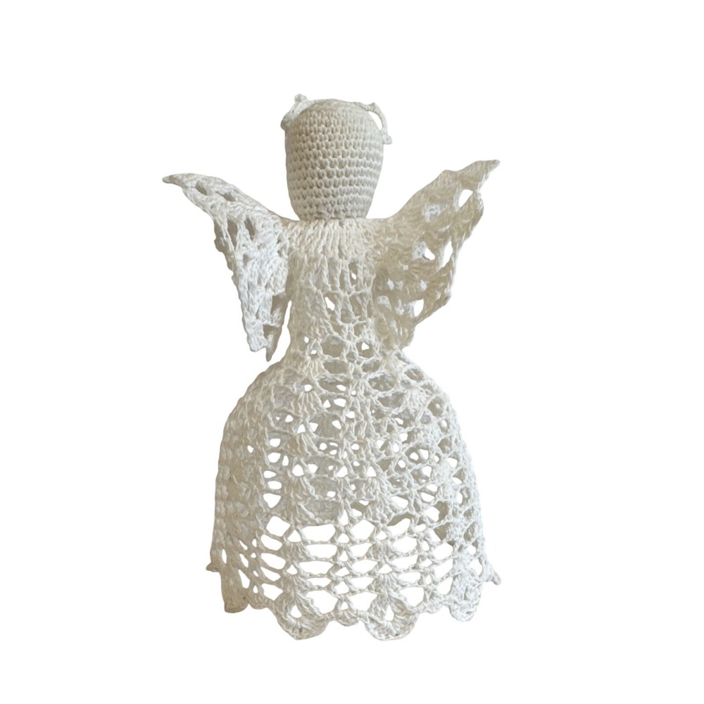 Handmade Crochet Angel Figurine 8" White Lace Christmas Holiday Decor